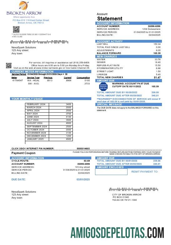 Em branco modelo de conta de serviços públicos, cidade de Oklahoma City of Broken Arrow, EUA, em formatos Word e PDF